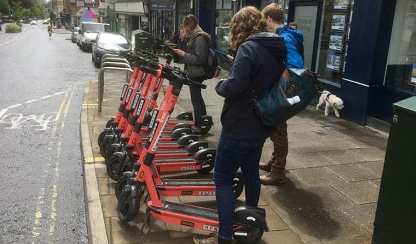 E scooters parked on  Bristol street
