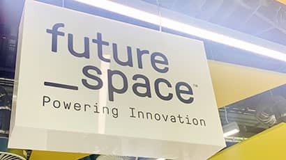 A sign with branding of the Future Space lab at UWE's Frenchay campus 