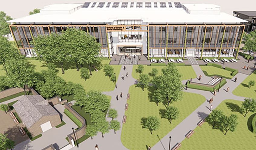 A computer generated image of the proposed new School of Health and Social Wellbeing building at Frenchay campus