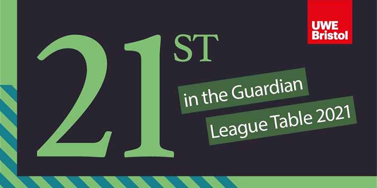 Graphic reading '21st in the Guardian league table 2021' and UWE logo.