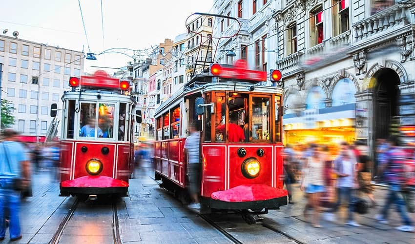 Red trams on a street in Instanbul
