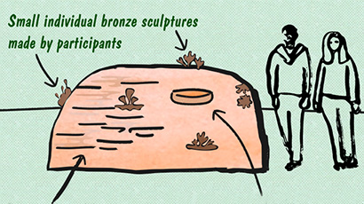 Illustration of two stick figures next to a bronze sculpture