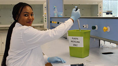 UWE Bristol student Perfect Edenojie recycling plastics in a science laboratory