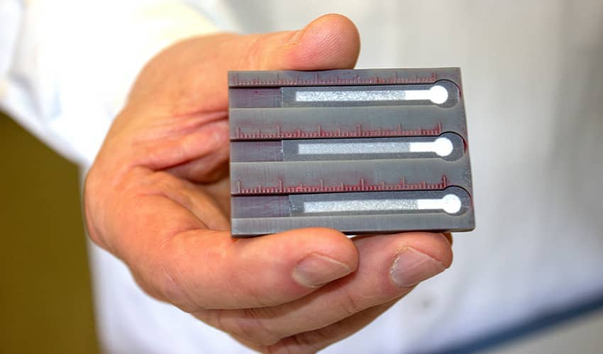 A close up of a hand holding a grey lateral flow testing device containing three paper testing strips