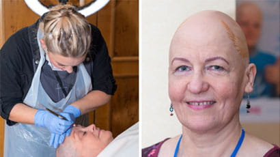 Composite of three people, two receiving medical tattoo eyebrows, one smiling to camera.