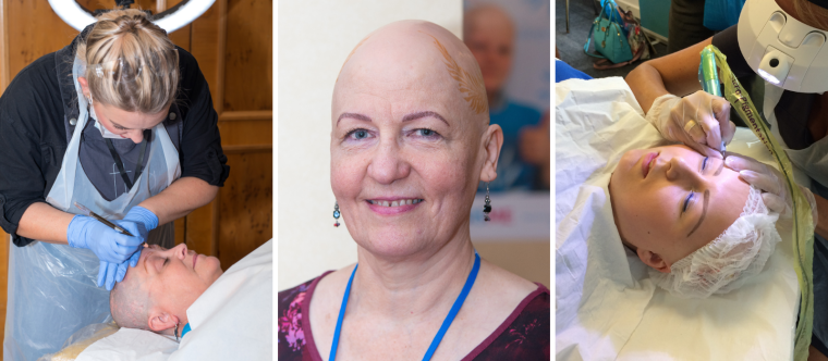 Composite of three people, two receiving medical tattoo eyebrows, one smiling to camera.