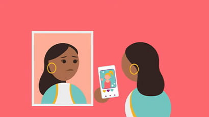 Animated girl looking into mirror comparing her appearance with an instagram influencer that she is watching on her phone.