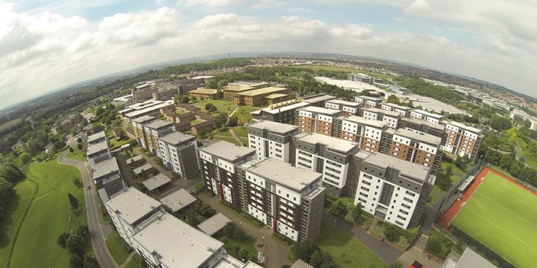 Drone image of student accommodation buildings on Frenchay Campus.