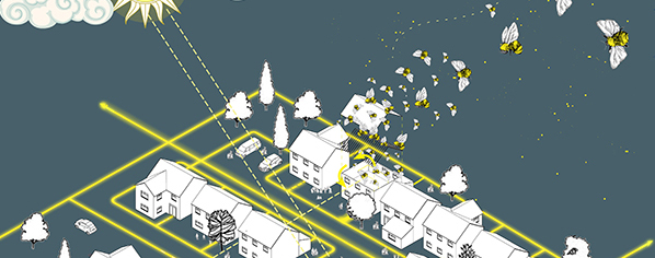 A picture of bees flying around a neighbourhood