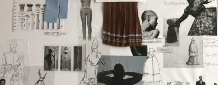 An image of fashion design drawings stuck on the wall