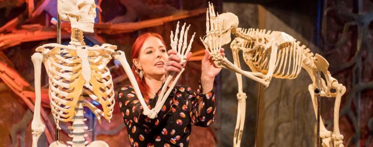 A woman examining two skeletons on stage