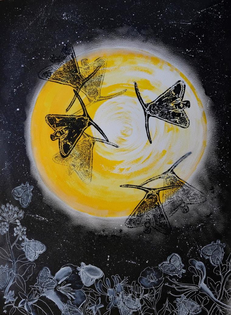 An artwork depicting a full moon with flying insects