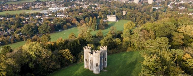 A park seen from above with a small fortress