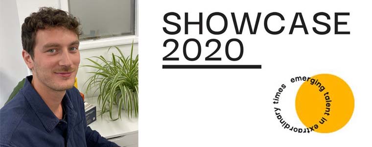 Logo of the Showcase with white background and yellow circle on the bottom right and photo of James Ratcliffe