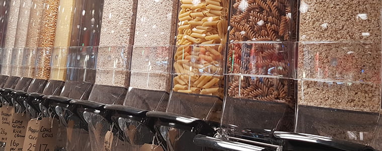 Zero waste food such as pasta, grain, rice, etc. display in a store