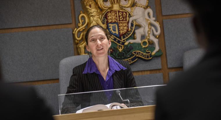 Woman in black suit and purple shirt speaking giving evidence in court.