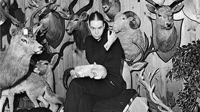 A woman sitting staring at the camera in front of a wall of taxidermy deer 