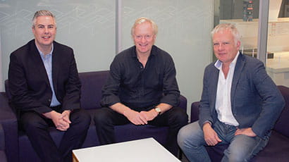 Members of the judging panel for the UWE Bristol Entrepreneurial Futures Awards (from left to right, seated around a small table): Dr Paul Bennett, Peter Fane and Mark Mason.