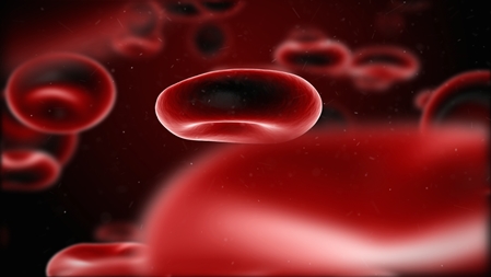 Computer illustration of blood cell against dark red background
