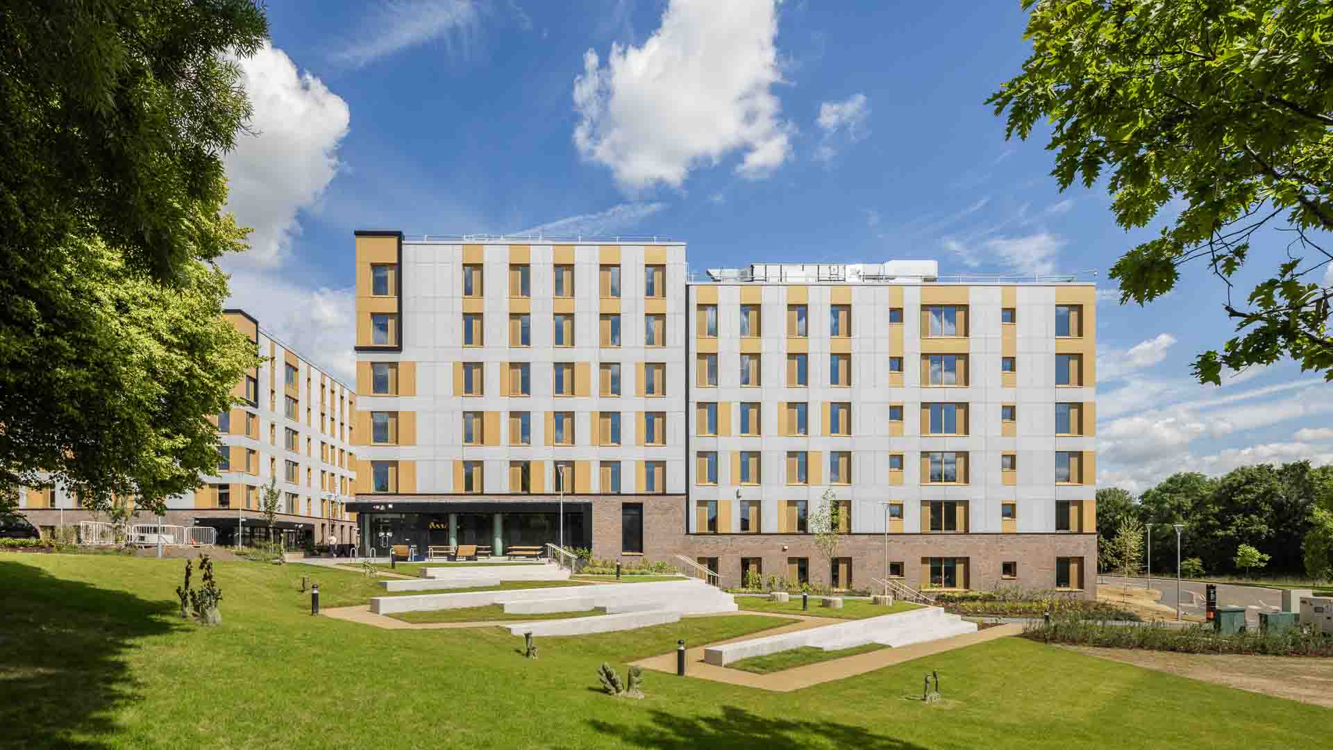 General view of the Purdown View student accommodation at Frenchay campus, with greenery and landscaping in the foreground