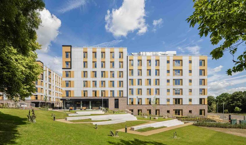 General view of the Purdown View student accommodation at Frenchay campus, with greenery and landscaping in the foreground