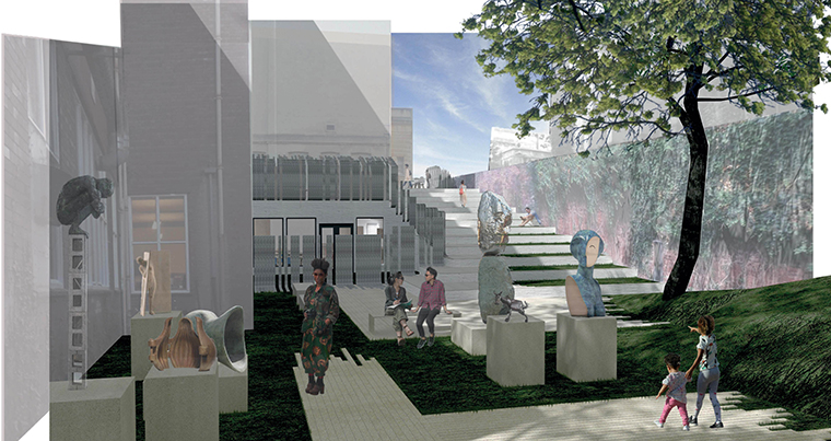 Computer rendering of an interior courtyard showing building and a tree.