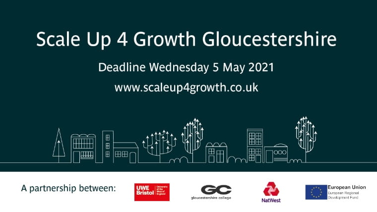 Black and white graphic with title 'Scale up for growth Gloucestershire'.