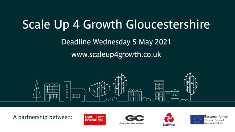 Black and white graphic with title 'Scale up for growth Gloucestershire'.