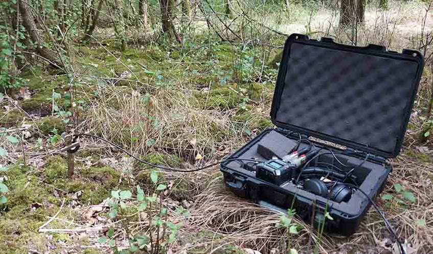 Photograph of a woodland floor showing a black case with wires coming from it. This piece of equipment is used for listening to the soil.