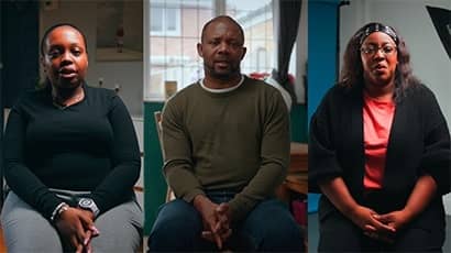 A collage of three screenshots taken from videos, showing three people (two women and one man) talking to the camera