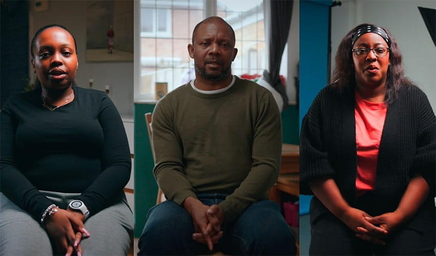 A collage of three screenshots taken from videos, showing three people (two women and one man) talking to the camera