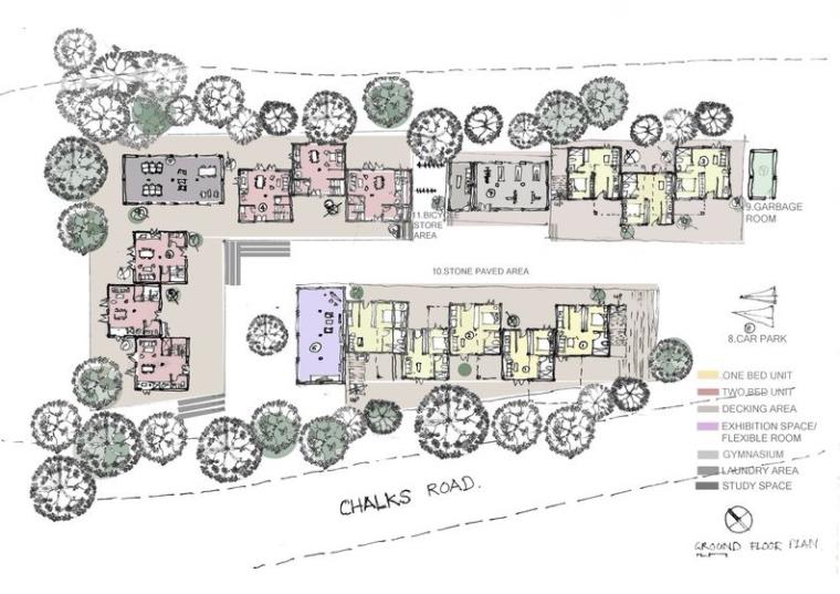Plan drawing of a U-shaped housing development. 