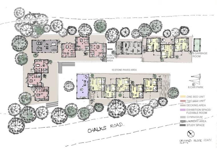 Plan drawing of a U-shaped housing development.