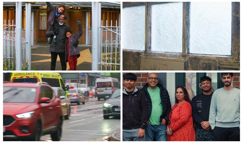 Collage image of four photos showing (clockwise from top left) a man with two young children stood outside a building, mould growing on a front door, a family of five smiling outside a house, and a bust road with lots of traffic