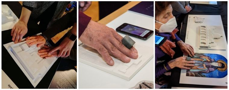 Image of visually impaired users using technology with their hands to view world heritage sites.