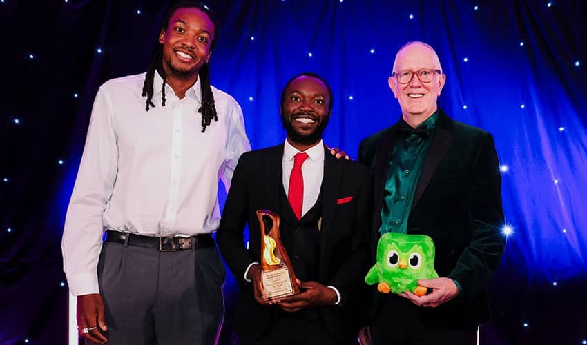 (L-R) UWE Bristol’s Xavier Baker (EDI Business Partner) and Robiu Salisu (Assistant Director – EDI) collecting the award at the University Alliance Awards ceremony at the University of Derby