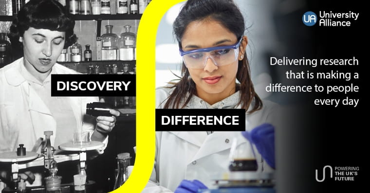 university alliance graphic showing black and white photos with text 'discovery, difference'.