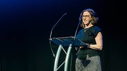Verity McIntosh, Professor of Immersive Arts and Culture at UWE Bristol, speaking at an event