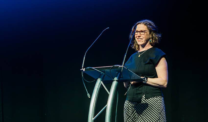 Verity McIntosh, Professor of Immersive Arts and Culture at UWE Bristol, speaking at an event