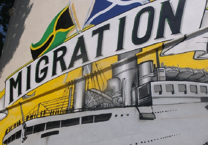 Street art of the Windrush ship on a wall in St Paul's, Bristol.