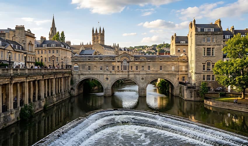 View of Pulteney Bridge in Bath spanning the River Avon, with three stone arches reflected in the water below. A low weir cascades across the foreground, while historic honey-coloured Georgian buildings line both sides of the river.