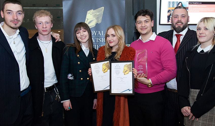 A group of students from UWE Bristol showing their awards for Best Drama at the RTS Awards