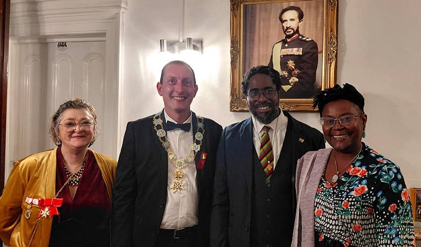 H.E Dame Nina Saleh Ahmed Duchess de Neuqhen, H.R.H. Prince Antoine V,  Professor Shawn Sobers,  and Ms Julie Smith. Photograph taken at Fairfield House, Bath, the former home of Emperor Haile Selassie.