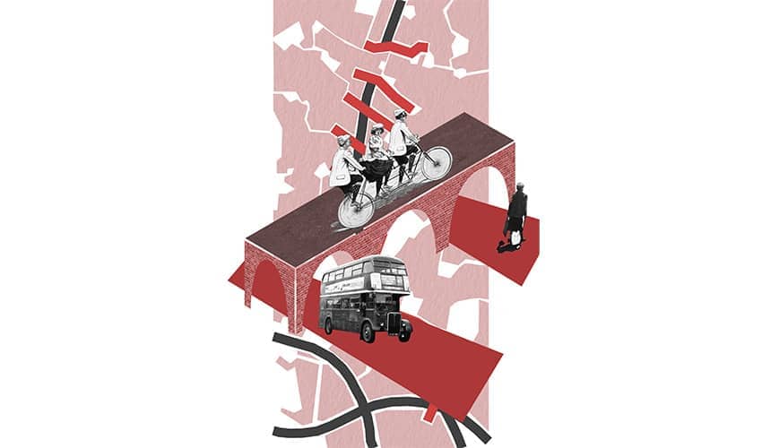 Collage-style illustration of people on a bicycle crossing a bridge above a bus and abstract map shapes.