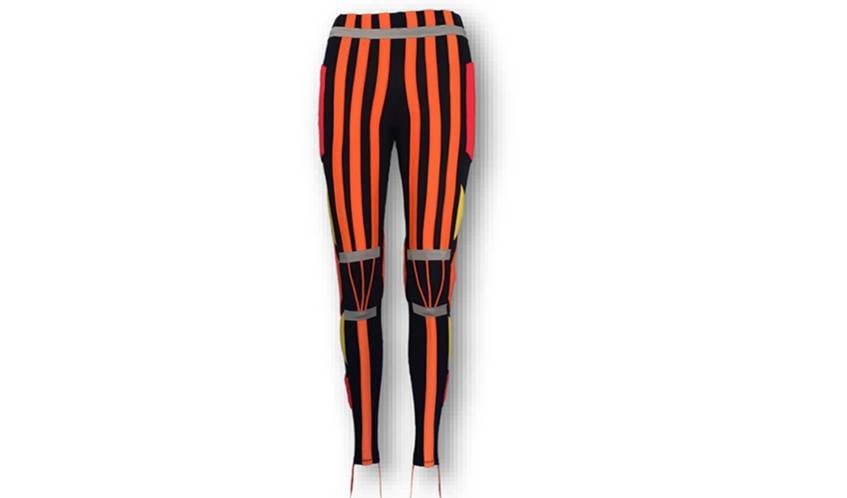 A pair of smart trousers with black and orange vertical stripes