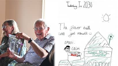 An older man sits beside a smiling woman; next to them, artwork by a child reads “Tewkesbury in 2030” with simple drawings about rebuilding the Flower Mill.