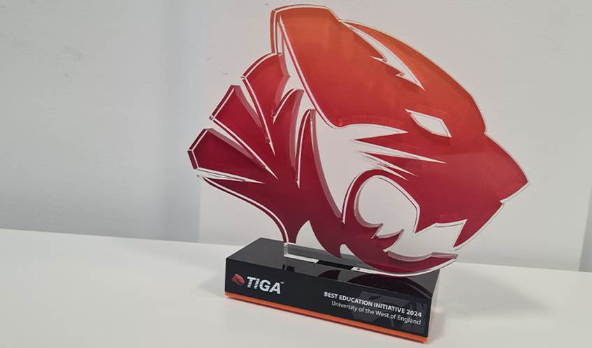 Photo shows a black and red award sitting on a surface.