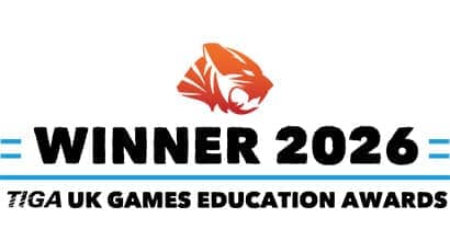 A black and white logo for the TIGA UK Games Education Awards with a large Winner 2026 wording and a carton tiger 