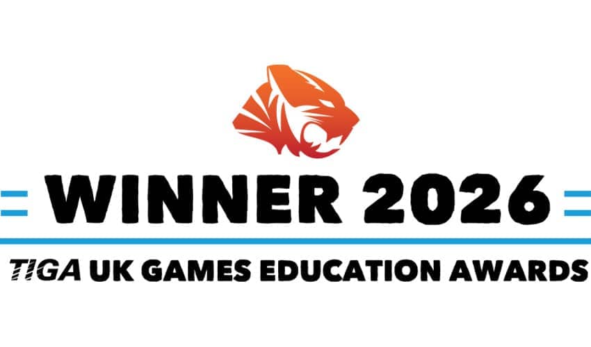 A black and white logo for the TIGA UK Games Education Awards with a large Winner 2026 wording and a cartoon tiger 