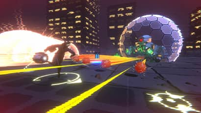 A computer generated image of a game shows a man in a cityscape running towards a glass globe. 